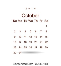 Calendar October 2016 vector design. Week starts from Sunday. icon