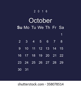 Calendar October 2016 vector design. Week starts from Sunday. icon, vector illustration. Modern design. Flat design style