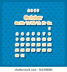 Calendar October 2016 vector design. Week starts from Sunday. icon, vector illustration. Modern design. Flat design style