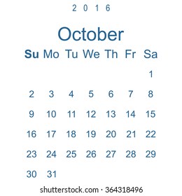 Calendar October 2016 vector design. Week starts from Sunday. icon, vector illustration. Modern design. Flat design style