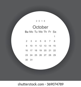 Calendar October 2016 vector design. Week starts from Sunday. icon, vector illustration. Modern design. Flat design style