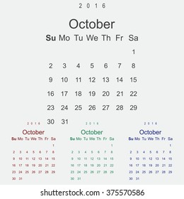 Calendar October 2016 vector design. Week starts from Sunday.