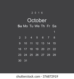 Calendar October 2016 vector design. Week starts from Sunday.