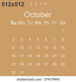 Calendar October 2016 vector design. Week starts from Sunday.