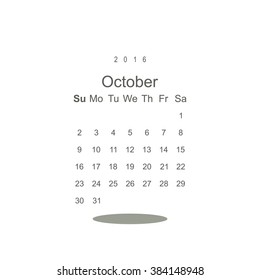 Calendar October 2016 vector design. Week starts from Sunday.