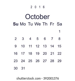 Calendar October 2016 vector design. Week starts from Sunday.