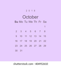 Calendar October 2016 vector design. Week starts from Sunday.
