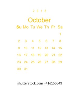 Calendar October 2016 vector design. Week starts from Sunday.