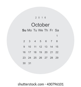 Calendar October 2016 vector design. Week starts from Sunday.