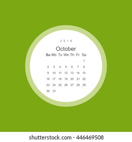 Calendar October 2016 vector design. Week starts from Sunday.