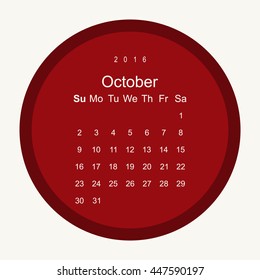 Calendar October 2016 vector design. Week starts from Sunday.