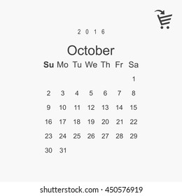 Calendar October 2016 vector design. Week starts from Sunday.