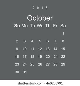 Calendar October 2016 vector design. Week starts from Sunday.