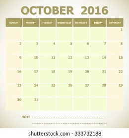 Calendar October 2016 week starts Sunday, stock vector