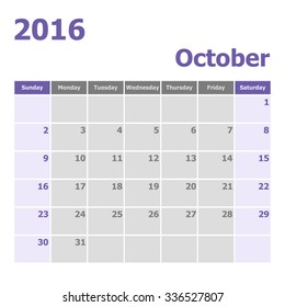 Calendar October 2016 week starts from Sunday, stock vector