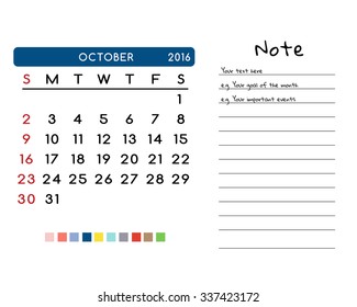 Calendar for October 2016. Week Starts Sunday. Clean and Simple Vector Template with pan tone color palette