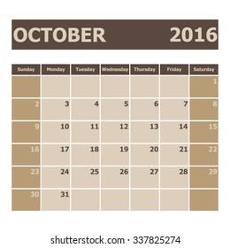 Calendar October 2016, week starts from Sunday, stock vector