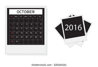 Calendar for october 2016.Vector illustration.
