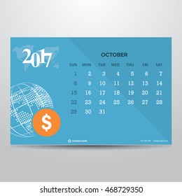 Calendar for October 2017 on Blue background. World Globe With Dollar icon Technology Banner with world map transparent background. Week Starts Sunday. Vector Design Print Template