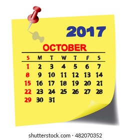 Calendar October 2017 on Note Paper. Yellow paper sheet with shadow. Vector image.