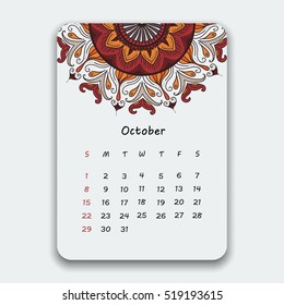 Calendar October 2017. Vintage decorative colorful elements. Ornamental floral oriental pattern. Vector illustration with Islam, Arabic, Indian, turkish, pakistan chinese ottoman motifs.