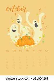 Calendar October 2018. Hand lettering and illustration with pumpkins and ghosts.