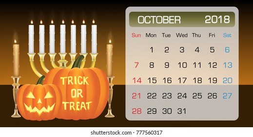 calendar of OCTOBER 2018 month theme halloween