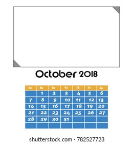Calendar for October 2018 with top blank page for an image