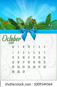 Calendar October 2018 with tropical concept. Vector Illustration