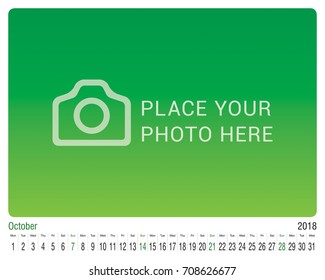 Calendar for October 2018. Vector Design Print Template with Place for Photo. Wall calendar ready for print!