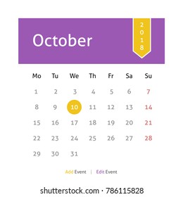 Calendar October 2018 vector design. Week starts from Monday.