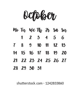 Calendar for October 2019