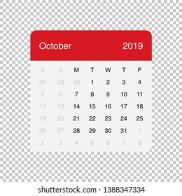 Calendar October 2019 Clean Minimal Table Simple Design. Basic Grid with a light grey background. Week Starts on Monday.