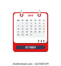 Calendar October 2019 in flat style. Vector illustration
