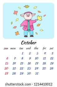 Calendar for October 2019 new year with a fun picture with the symbol of the year cute pig