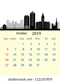 Calendar for October 2019 of the United States with the skyline of the city of Cleveland