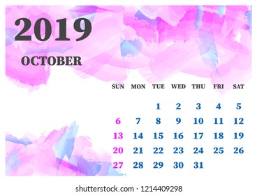 Calendar October 2019 watercolor vector illustration. Layers grouped for easy editing illustration. For your design