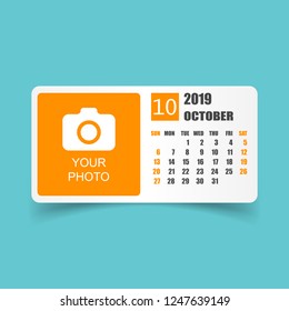 Calendar october 2019 year in simple style. Calendar planner design template. Agenda october monthly reminder with photo. Business vector illustration.