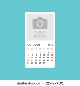 Calendar october 2019 year in simple style. Calendar planner design template. Agenda october monthly reminder with photo. Business vector illustration.