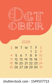 Calendar October 2020. Colorful calender. Vector hand drawn design. Doodle English lettering collection.  Hearts and lines