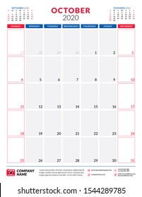 Calendar for October 2020. Planner stationery design template. Portrait orientation. Week starts on Sunday