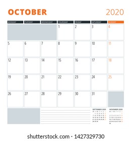 Calendar for October 2020. Stationery design template. Vector illustration