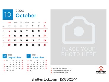 Calendar for October 2020. Vector design print template with place for photo. Week starts on Sunday. 3 months on page