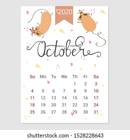 Calendar October 2020 vector. Monthly creative calendar 2020 cute hand drawn rat. Concept, vector vertical editable template. Symbol of the year in the Chinese calendar. Cartoon. Isolated. 