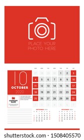 Calendar for October 2020. Wall calendar planner template. 3 months on the page. Week starts on Sunday. Vector illustration