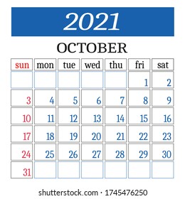 Calendar for october 2021 isolated on a white background. Sunday to Monday, business template. Vector illustration