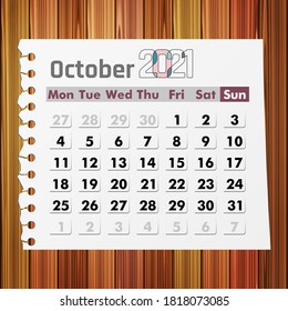 Calendar October 2021 on wood background. Vector illustration.
