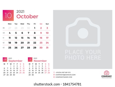 Calendar for October 2021. Vector design print template with place for photo. Week starts on Monday. 3 months on page