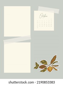 Calendario Margen del collage de plantillas de octubre de 2022 para notas recordatorio para hacer lista de etiquetas de scrapbooking con hojas de otoño. Ilustración del vector