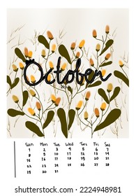 Calendar of October 2023, aesthetic colorful leaves flowers yellow, orange shades, watercolors vector, illustrations.